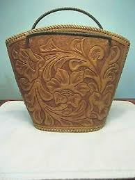 CUTE CARVED LEATHER HANDBAG - FLORAL DESIGN - METAL HANDLES BUCKET STYLE | eBay
