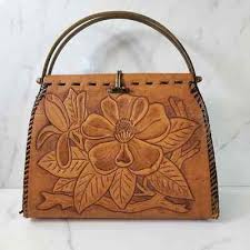 Vintage Leather Handbag Purse Tooled Floral Design with Brass Clasp/Handle 10x10 | eBay