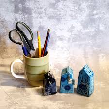 Set of Three White and Blue Houses, Small Ceramic Houses ...