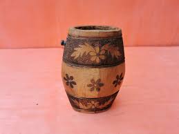 OLD ANTIQUE PRIMITIVE WOODEN HAND MADE FLASK FLAT BOTTLE ...