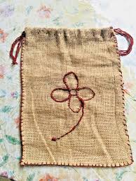 Sackcloth Drawstring Bag with Flower Appliqué - Rustic Home ...