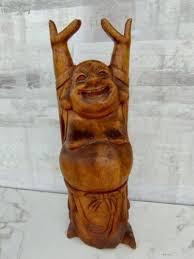VINTAGE Chinese Hand Carved Wood Laughing Buddha Hands Up Carving Sculpture 16”T | eBay