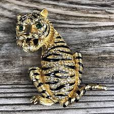 Vintage Tiger Animal Gold Tone Rhinestone Brooch Pin | eBay