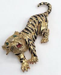 Vintage Enamel Rhinestone Tiger Lion Big Cat Animal Figural ...