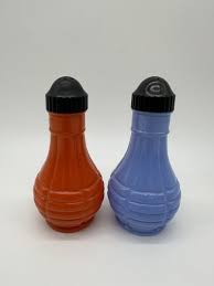 Vtg MCM Hazel Atlas Salt Pepper Shakers Blue & Orange with Black Lids 5" | eBay