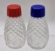 Salt & Pepper Shakers Glass Cream Red Blue Plastic Lids ...