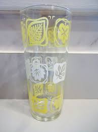 Vtg YELLOW WHITE LEAVES DRINKING GLASS Tumbler ...