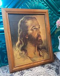 Vintage 1935 Framed Textured Jesus Print in Aged Wood Frame ...
