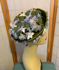 1950s Era Green Floral Millinery Pillbox Fascinator Hat . Vintage 50s Mid-century Valerie Modes With Flowers Short Brimmed Tilt Hat . - Etsy