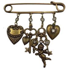 Vintage Safety Pin with Dangles Brooch Puffy Hearts Skeleton Key & . For Sale at Ruby Lane
