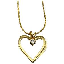 Vintage Gold Tone Heart Pendant Necklace with Faux Diamond Accent Love. For Sale at Ruby Lane