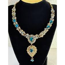 Vintage Gold-tone Teal & Clear Stone Necklace With Pendant ...