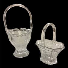 Lot - Heisey glass colonial etched basket 15.5” tall and etched hexagonal basket