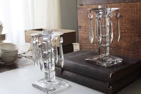 pair vintage glass candlesticks w/ glass prism lusters, deco ...