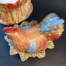 1970's Vintage Glazed Stoneware Crock Multi Color Chicken ...