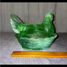 Art | Vintage Green Slag Glass Chicken Hen On Nest Rare ...