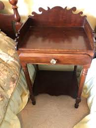 Pair of Vintage Dark Wood Twin Beds and Side Table with All Bedding | EstateSales.org