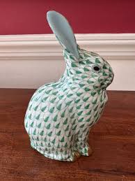 Vintage Herend Bunny Rabbit Green Fish Net Seated Ears Up ...
