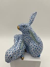 Charming Pair of Herend Porcelain Bunnies Figurine, Blue and ...