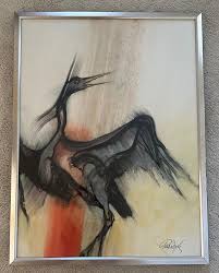 Large Original Acrylic on Board Painting "Crane Dancing" by Paul Dyck For Sale at 1stDibs