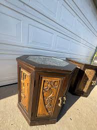 Antique Mid Century Hand Carved Wood Japanese Chinese Oriental End Tables