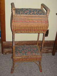 Old Sewing Knitting Stand Woven Rattan Wicker Baskets | #151145545