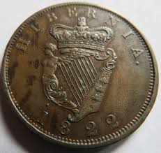 1822 King George IV Ireland Hibernia One Penny Coin In ...