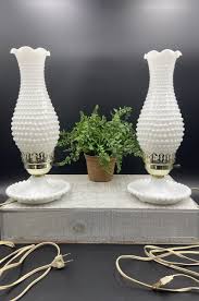 Vintage VANITY SET Hobnail MILK GLASS Two Hurricane LAMPS and Table MIRROR | eBay