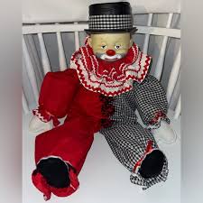 Toys | Vintage Sad Face Clown Doll Rubberplastic Face Fabric Body Sitting Posable 26 | Poshmark