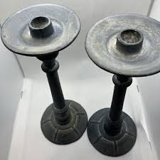 Gray Cast Iron Metal Rustic Candlesticks Candle Holder Pair ...