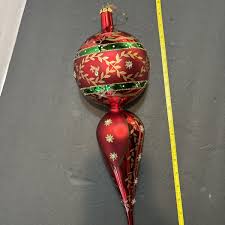 18” hanging Christmas ornament red glass green gold glitter ...