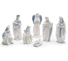 White with Blue Accents, 7pc Ceramic Nativity Set