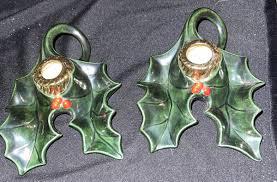 2 Vintage Handpainted Ceramic Christmas Holly Leaves Taper ...