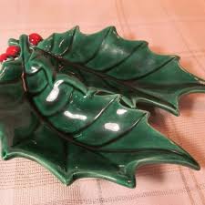 unknown | Dining | Vintage Holly Ceramic Red Berries Divided Dish Green Red Christmas Decor Serving | Poshmark