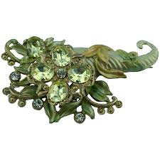 Stunning 1930's Cornacopia Rhinestone and Sheer Enamel Brooch. For Sale at Ruby Lane