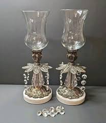 Set Of 2 Vintage Glass, Metal & Marble Base Candle Holders Hollywood Regency | eBay