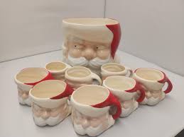 Vintage Santa Ceramic Punch Bowl & Santa Mugs- Set of 9 ...