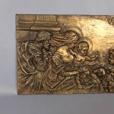 Brass and Embossed Sheet Metal High Relief Panel with Holy Family Painting, 1940s | Chairish