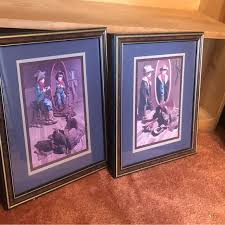 Art | 849 Vintage Wood Framed And Matted Western Wall Art Pair Of Young Cowboy | Poshmark