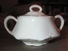 Vtg Homer Laughlin dual handled ivory ceramic sugar bowl w ...