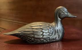 Vintage 8 Inch (3.75” Tall X 8” Long) Brass Duck with Green ...
