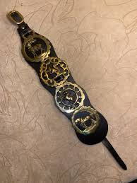 Vintage English Four Brass Horse Badges on Black Leather Strap | eBay