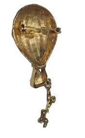 Hot Air Balloon Brooch Vtg Gold Tone Glossy Man Hanging ...