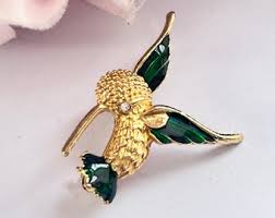 1980s Sparkly Gold Plated Hummingbird Diamanté Green Enamel Brooch - Etsy