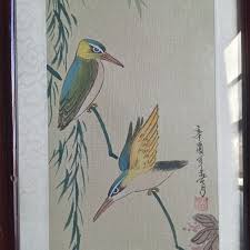 Pair Asian Brush Paintings Birds on Flowering Branch | eBay