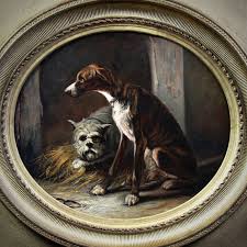 Two hunting dogs in a kennel, oil painting on canvas 19th Federico OLARIA For Sale at 1stDibs