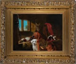 Sold at Auction: George W. Horlor, George William Horlor British, 1823-1895 The Gamekeeper's Cottage (Bloodhound, English Setter & Tri-colored Cavalier), 1851