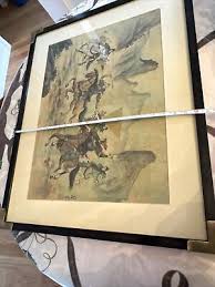 ASIAN CHINESE MEN ON HORSEBACK PAINTING SIGNED/black FRAMED 24 X 30 Cork Paper! | eBay