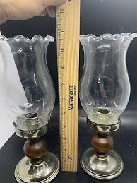 Pair Of Vintage MCM Wood Brass Glass Hurricane Candle Taper Holders | eBay Australia