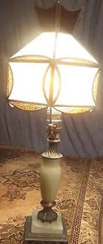 VINTAGE ALABASTER MARBLE BASE BOUDOIR LIGHT AMBER SLAG GLASS LAMP SHADE 20"Tx8"w | eBay